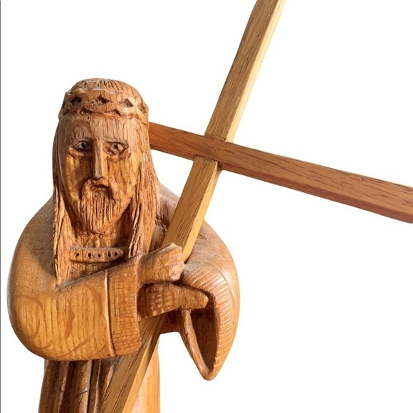 Wooden Handmade Jesus Carrying Cross w/Wooden Virgin Mary Set - Picture 4 of 11